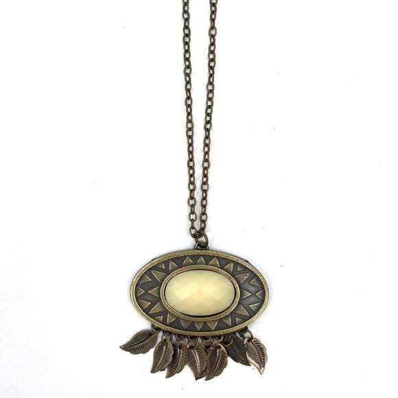 Gold Tone Cream Geometric Oval Aztec Boho Western Long Pendant Necklace Costume - Picture 1 of 4